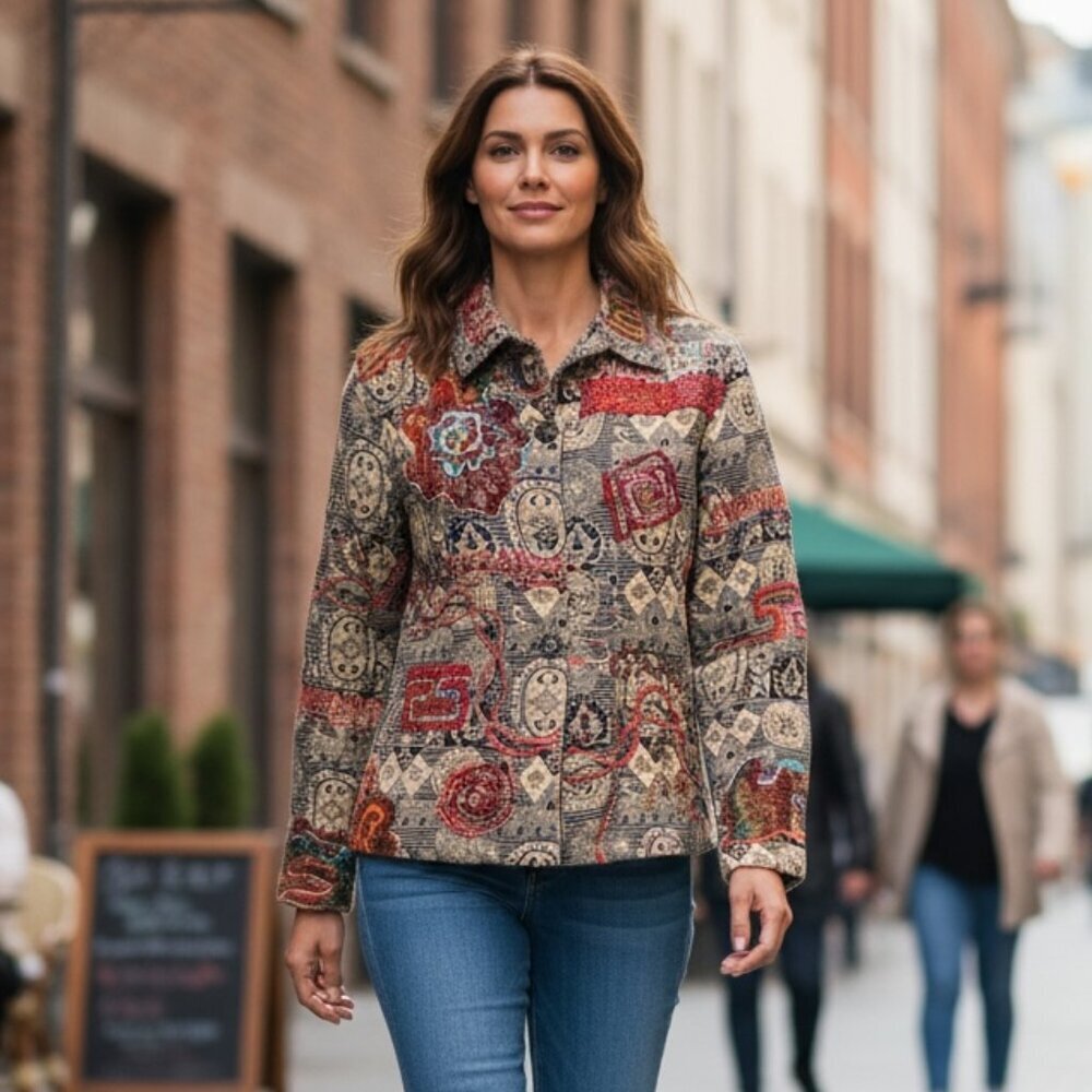 Coldwater Creek  BOHO Embroidered Tapestry Beaded Jacket M Button‎ Front 200H